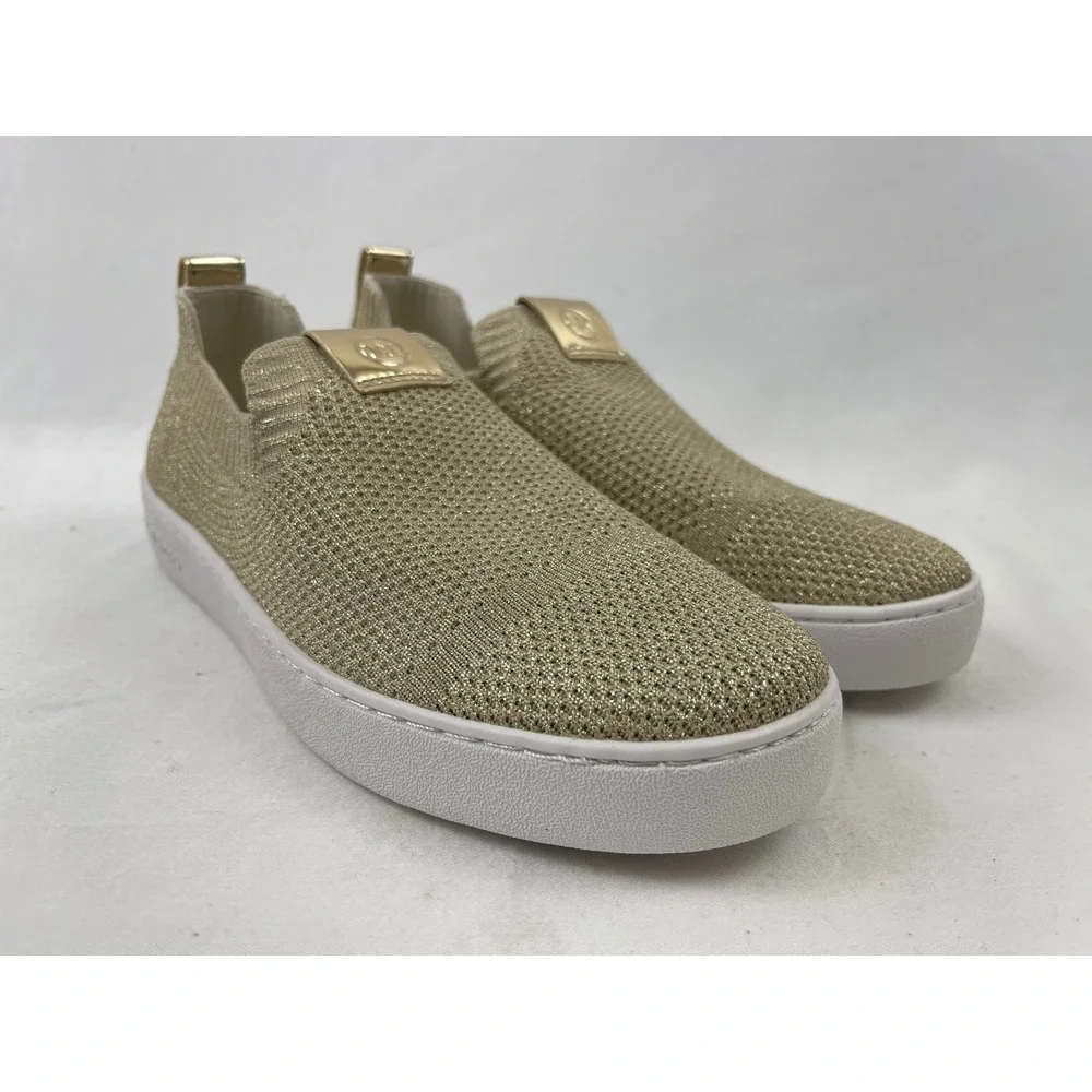 Michael Kors Bodie Womens‎ 7 M Gold Metallic Knit Slip On Sneaker Logo Excellent